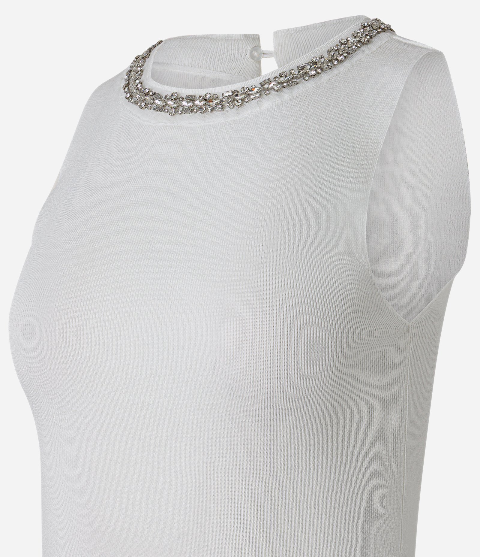 Blusa Canelada em Tricô com Colar de Strass na Gola Branco 5