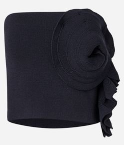 Blusa Cropped Sem Alça em Tricô com Babado Floral