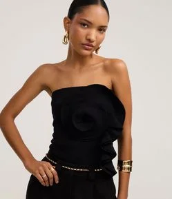 Blusa Cropped Sem Alça em Tricô com Babado Floral