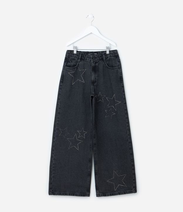 Calça Wide Leg Infantil Jeans com Brilhos - Tam 5 a 14  Anos