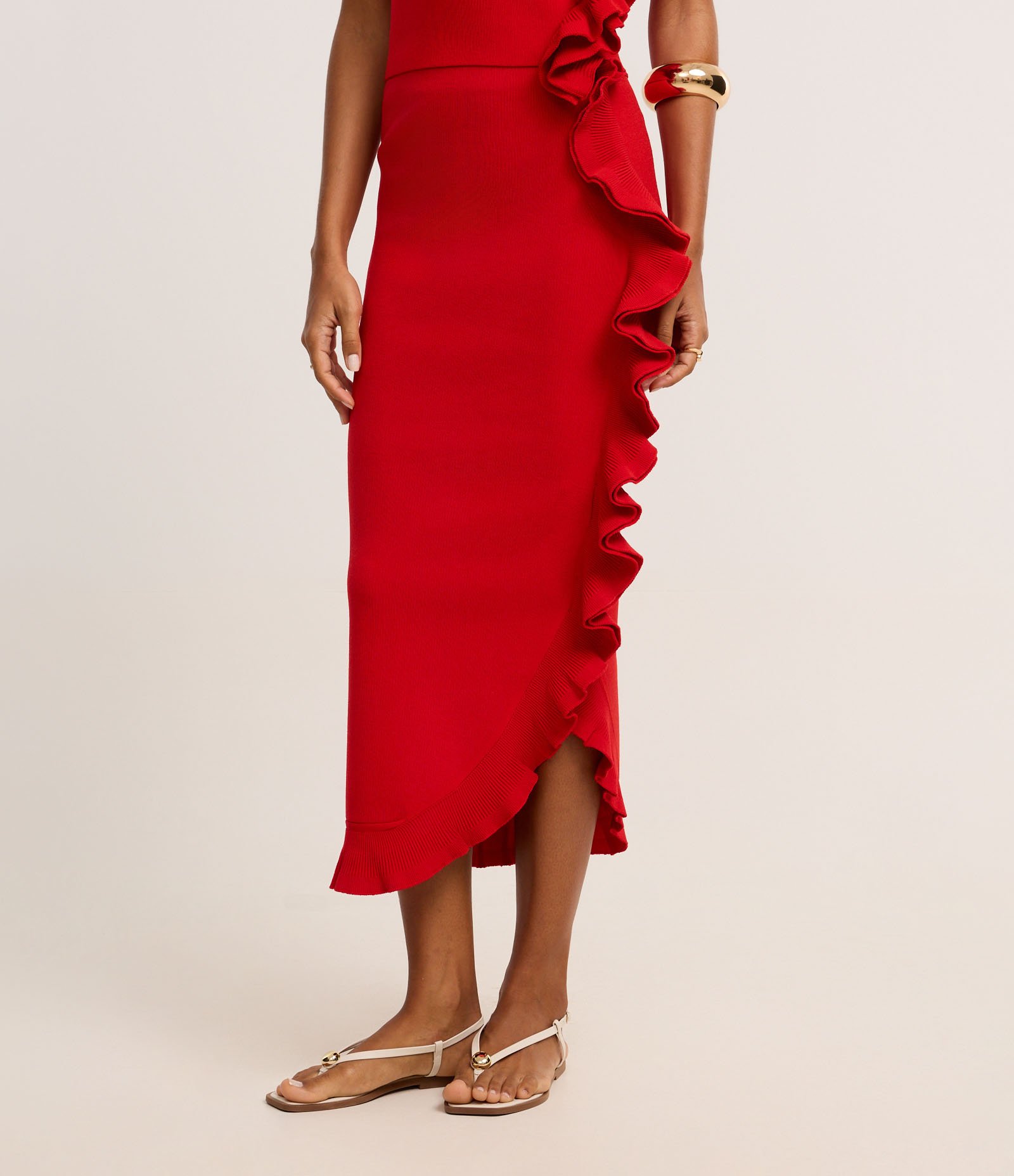 Saia Long Midi em Tricô com Babado Lateral e na Barra Vermelho 4