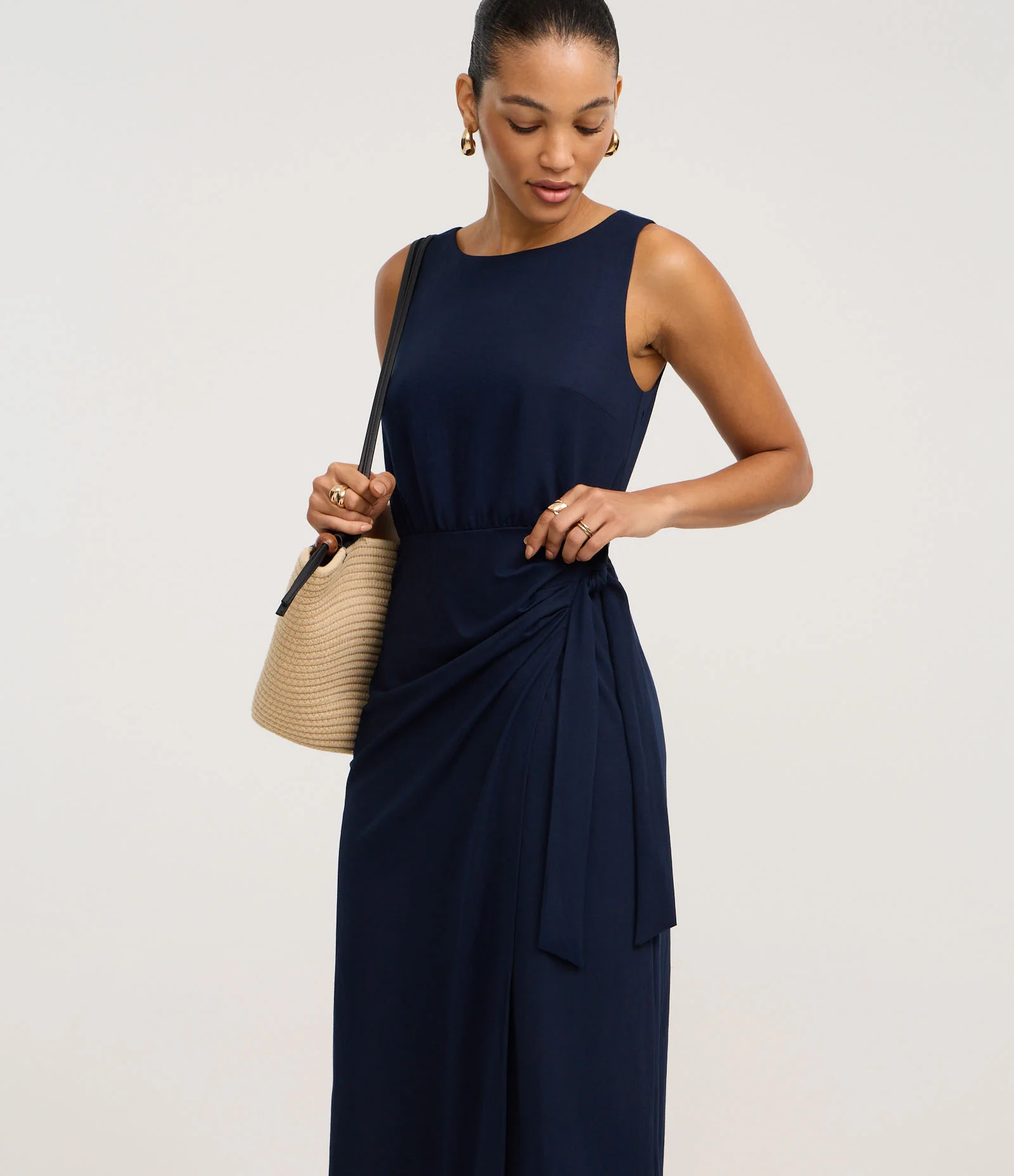 Vestido Evasê Longo em Piquet com Amarração Azul Marinho 2