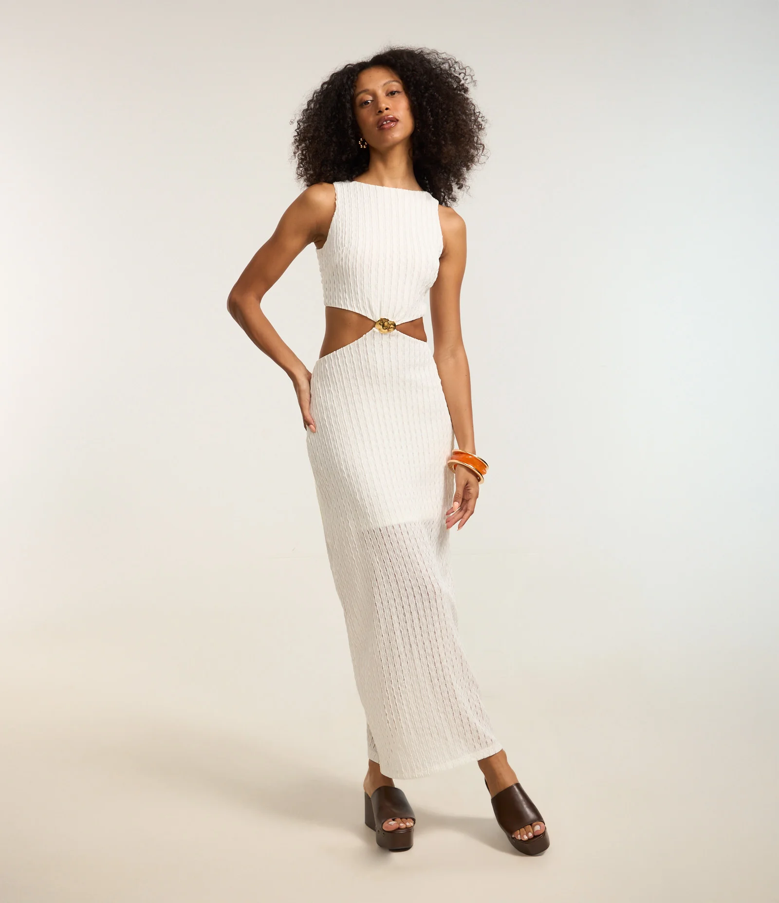 Vestido New Midi Texturizado com Detalhe Metalizado Branco 1