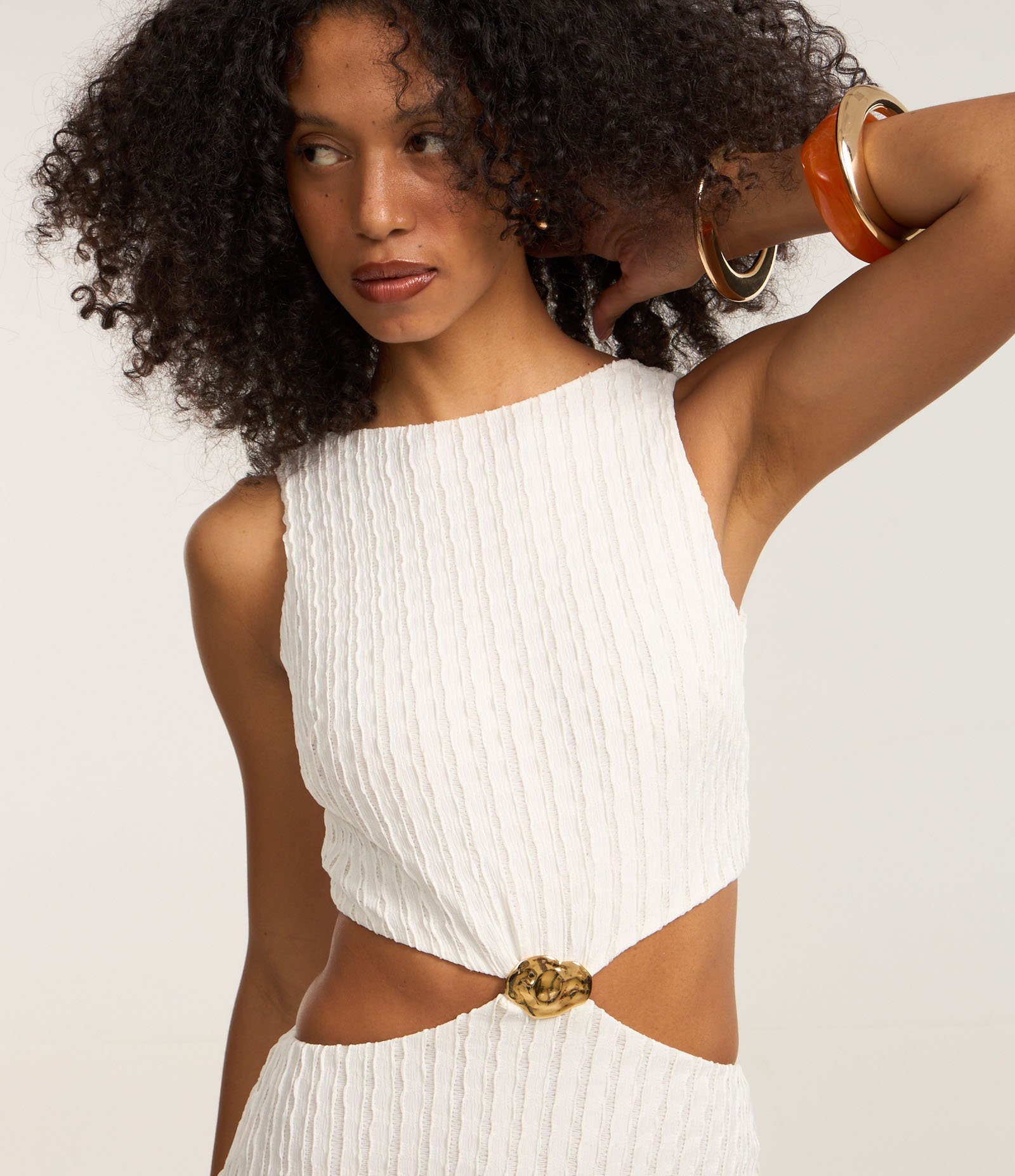 Vestido New Midi Texturizado com Detalhe Metalizado Branco 3