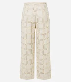 Calça Reta Cintura Alta em Cambraia com Efeito Crochê