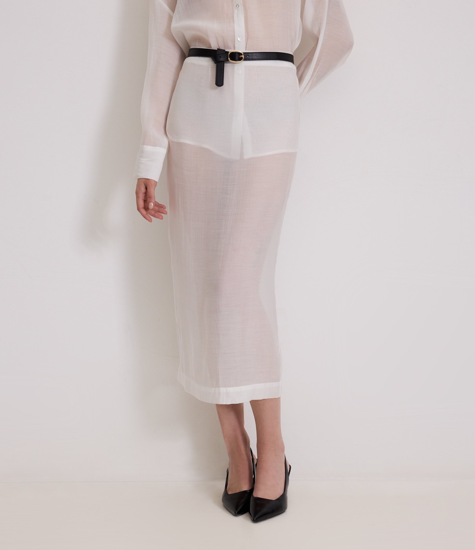 Saia Reta Midi em Organza com Transparência Branco 2