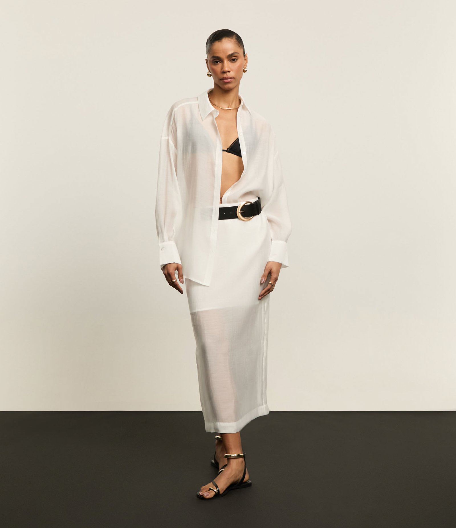 Saia Reta Midi em Organza com Transparência Branco 5