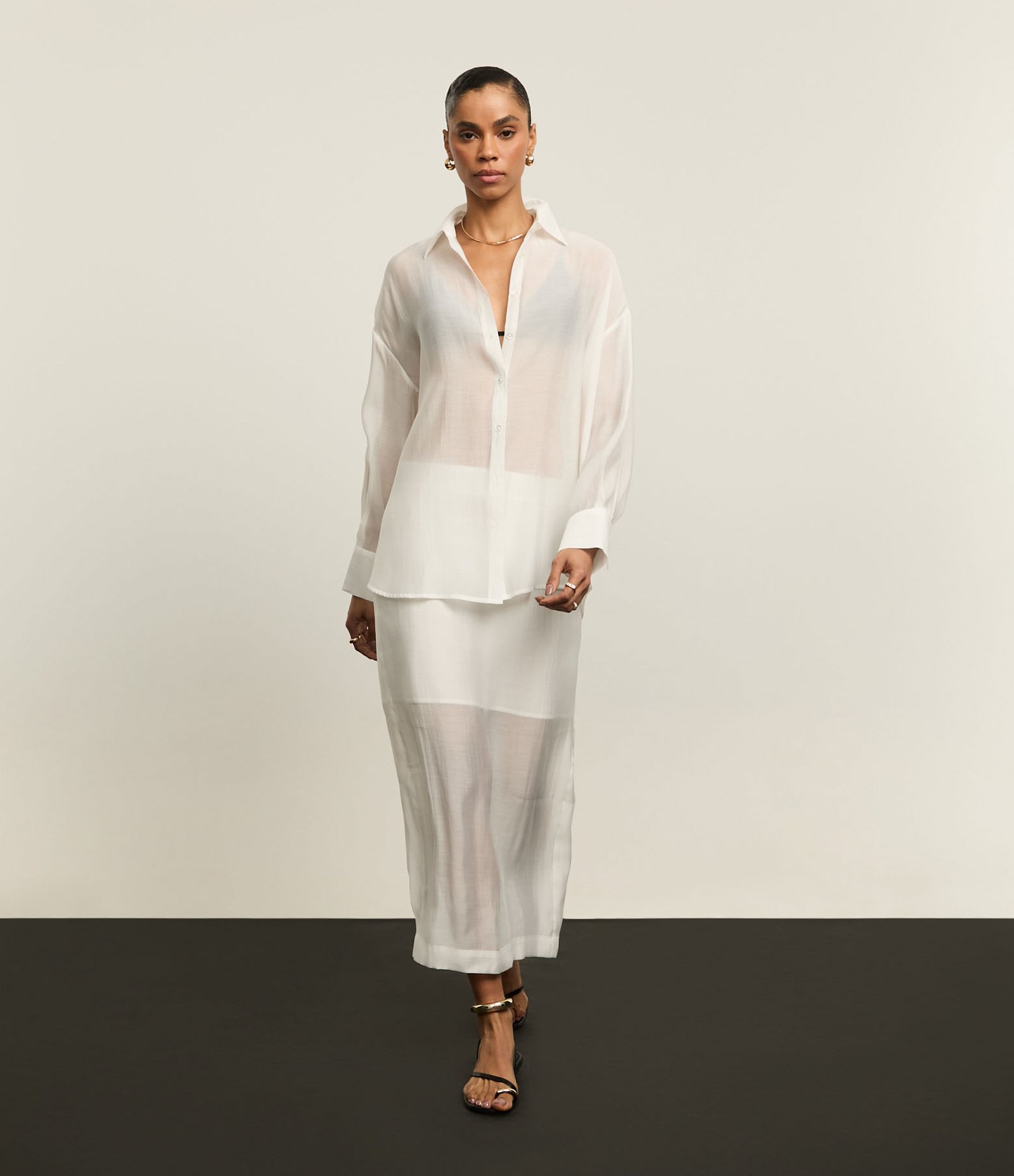 Saia Reta Midi em Organza com Transparência Branco 9