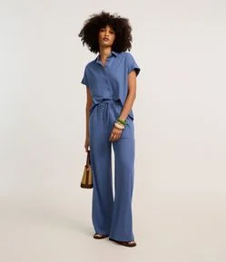 Calça Reta em Orly com Elástico e Amarração no Cós