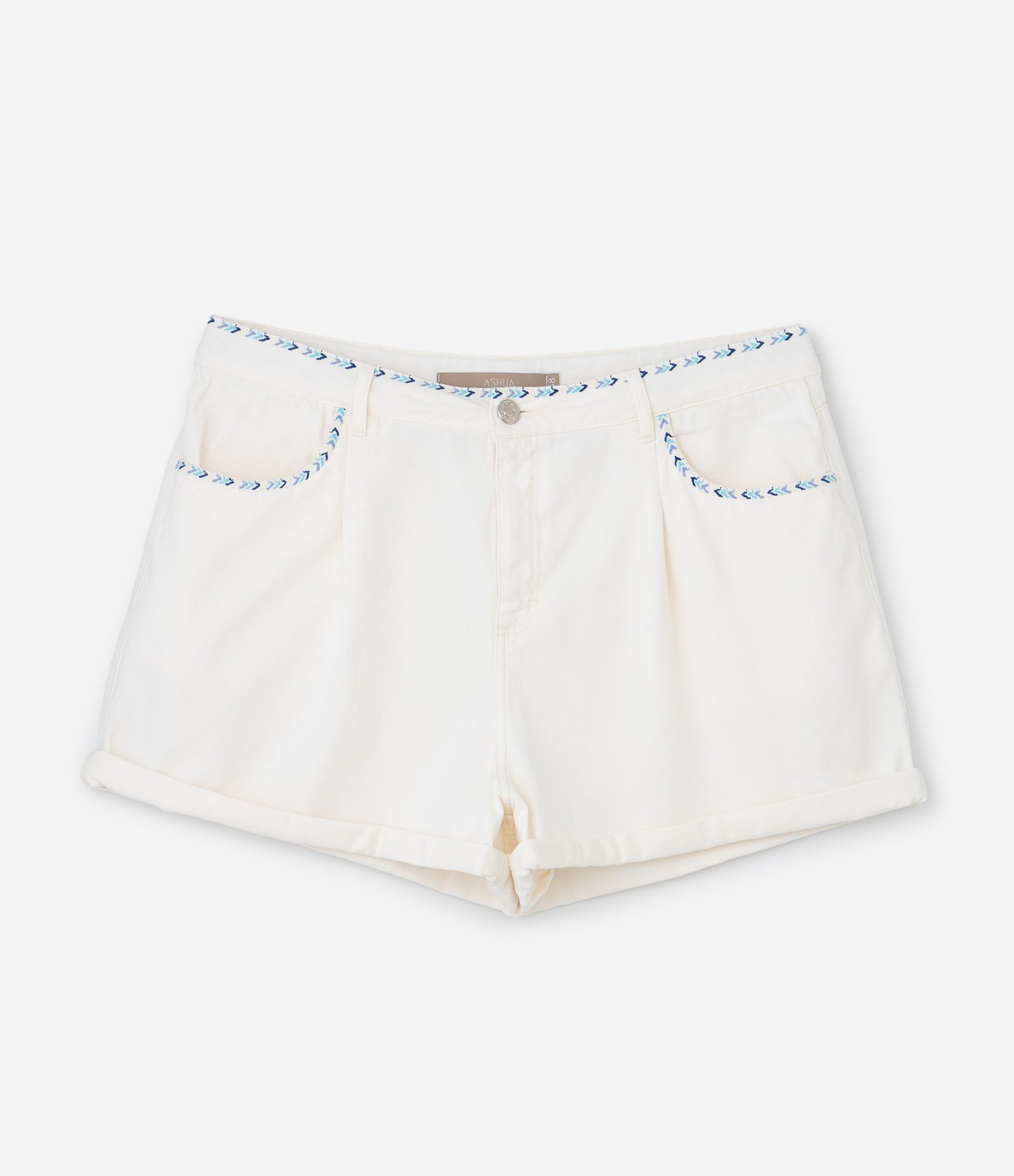 Short Mom em Sarja com Bordado Contrastante e Barra Dobrada Curve & Plus Size Off White 5
