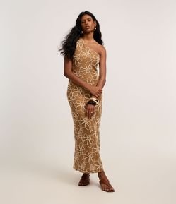 Vestido Long Midi Ombro Só em Renda com Cordas Aplicadas