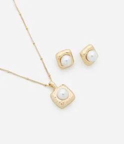 Conjunto de Colar Curto com Pingente Quadrado com Perola Artificial e Brinco Botão