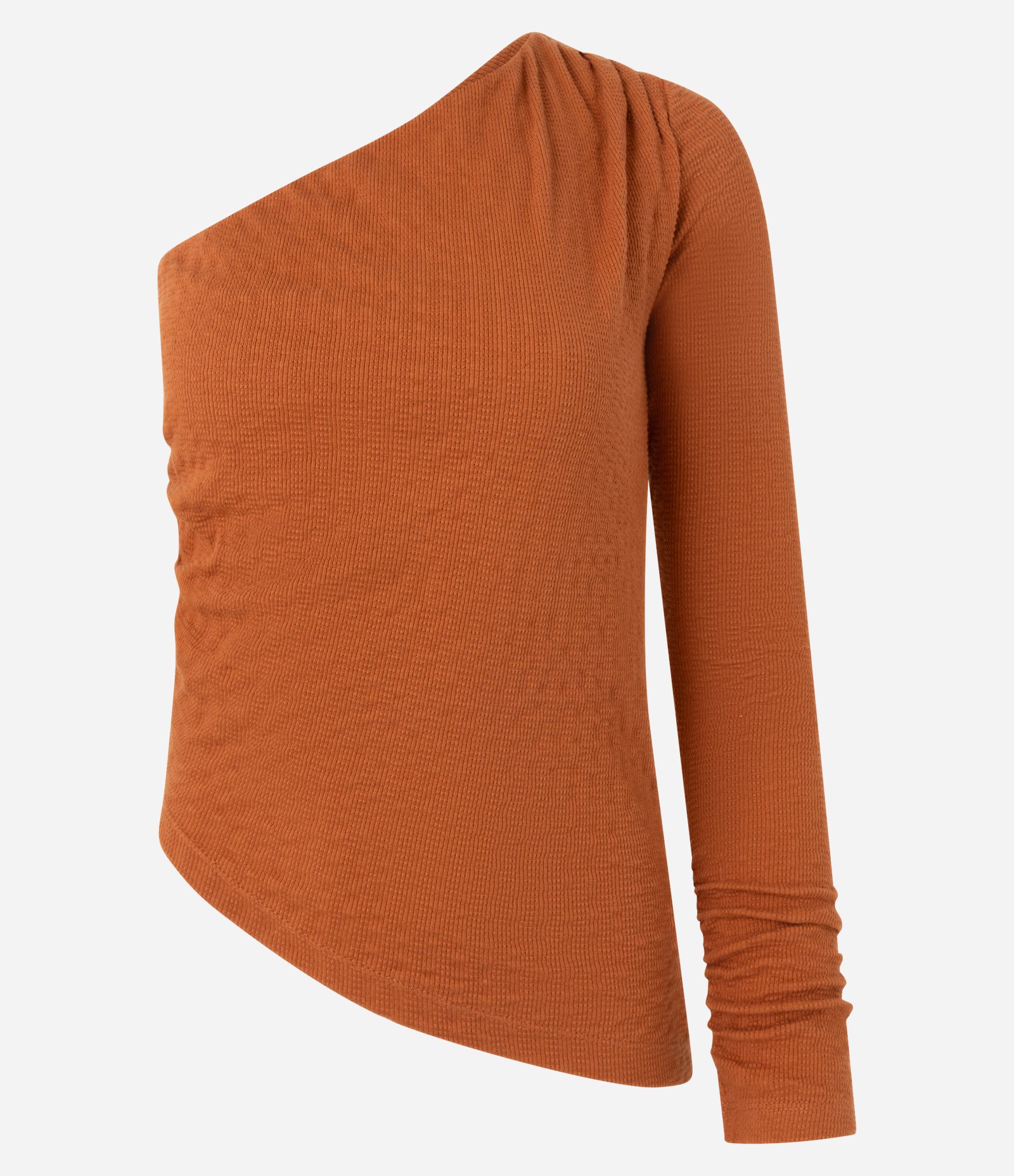 Blusa Texturizada com Um Ombro Só e Franzido no Ombro Marrom Caramelo 4