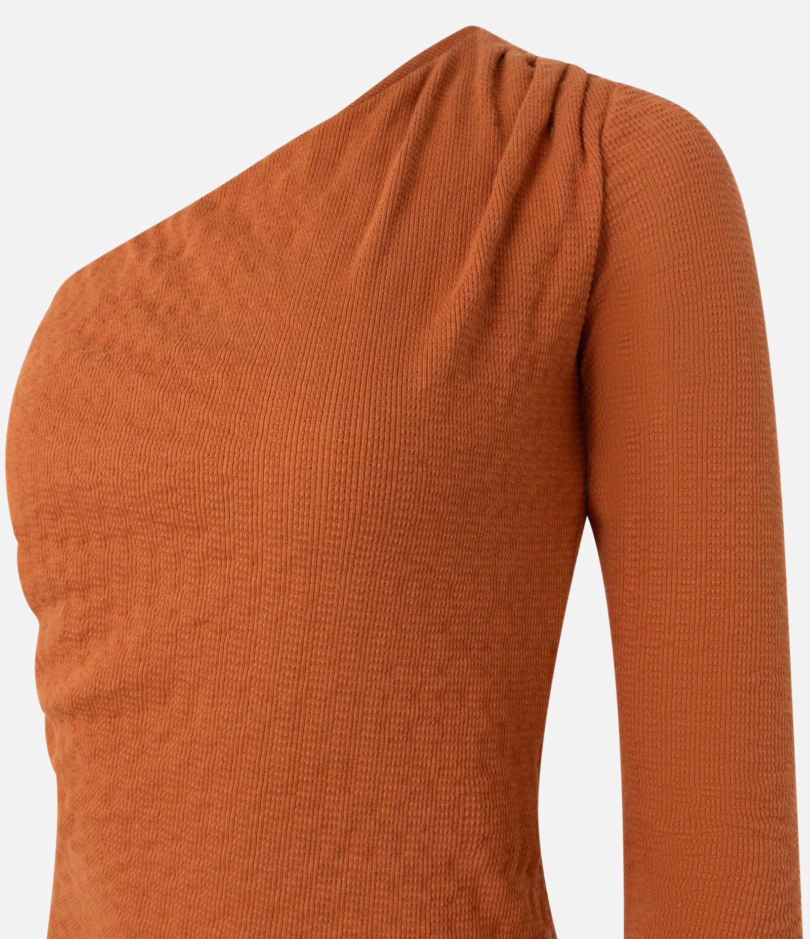 Blusa Texturizada com Um Ombro Só e Franzido no Ombro Marrom Caramelo 5