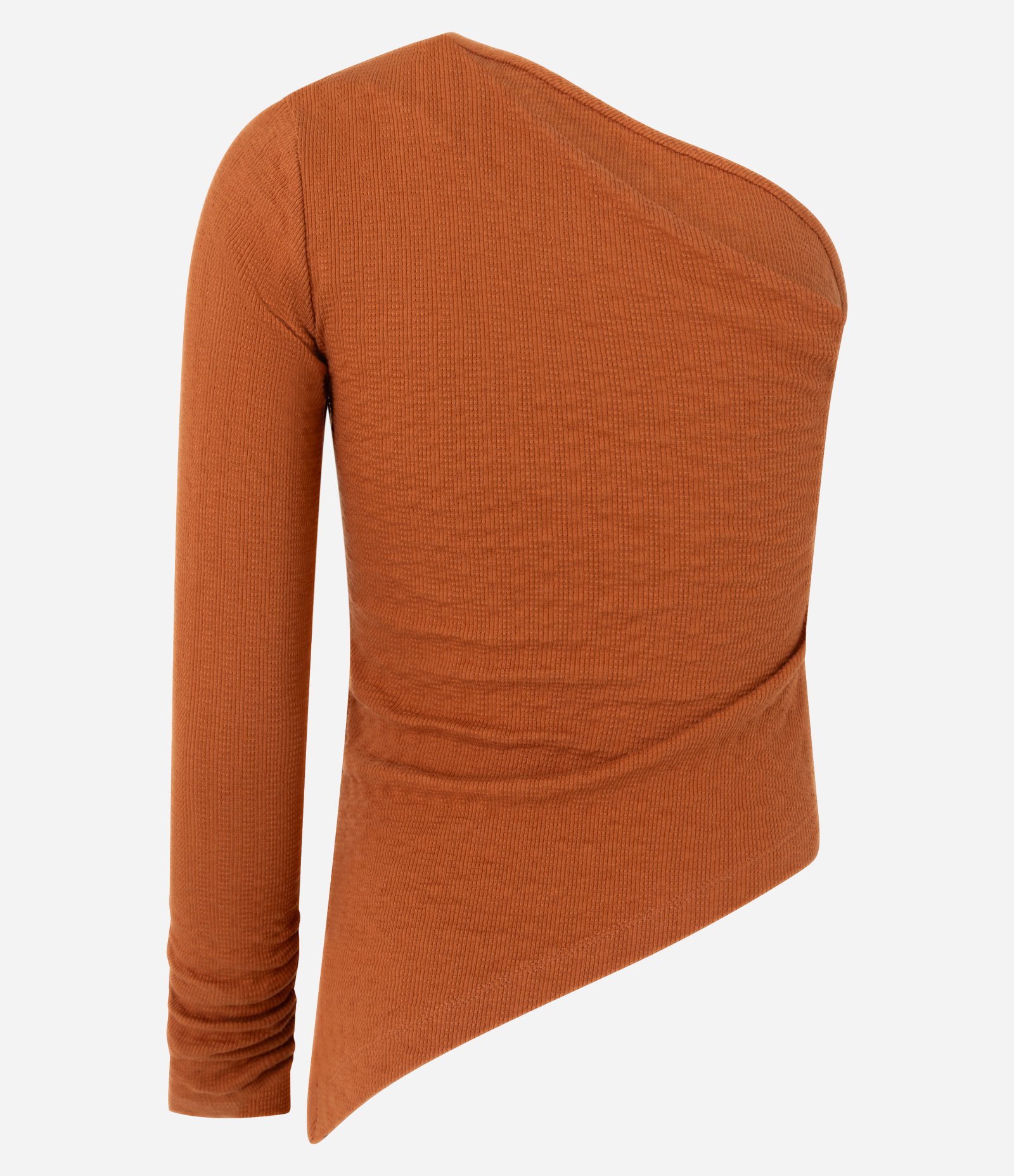 Blusa Texturizada com Um Ombro Só e Franzido no Ombro Marrom Caramelo 6