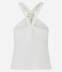 Blusa em Crepe com Aviamento e Franzido na Gola Halter