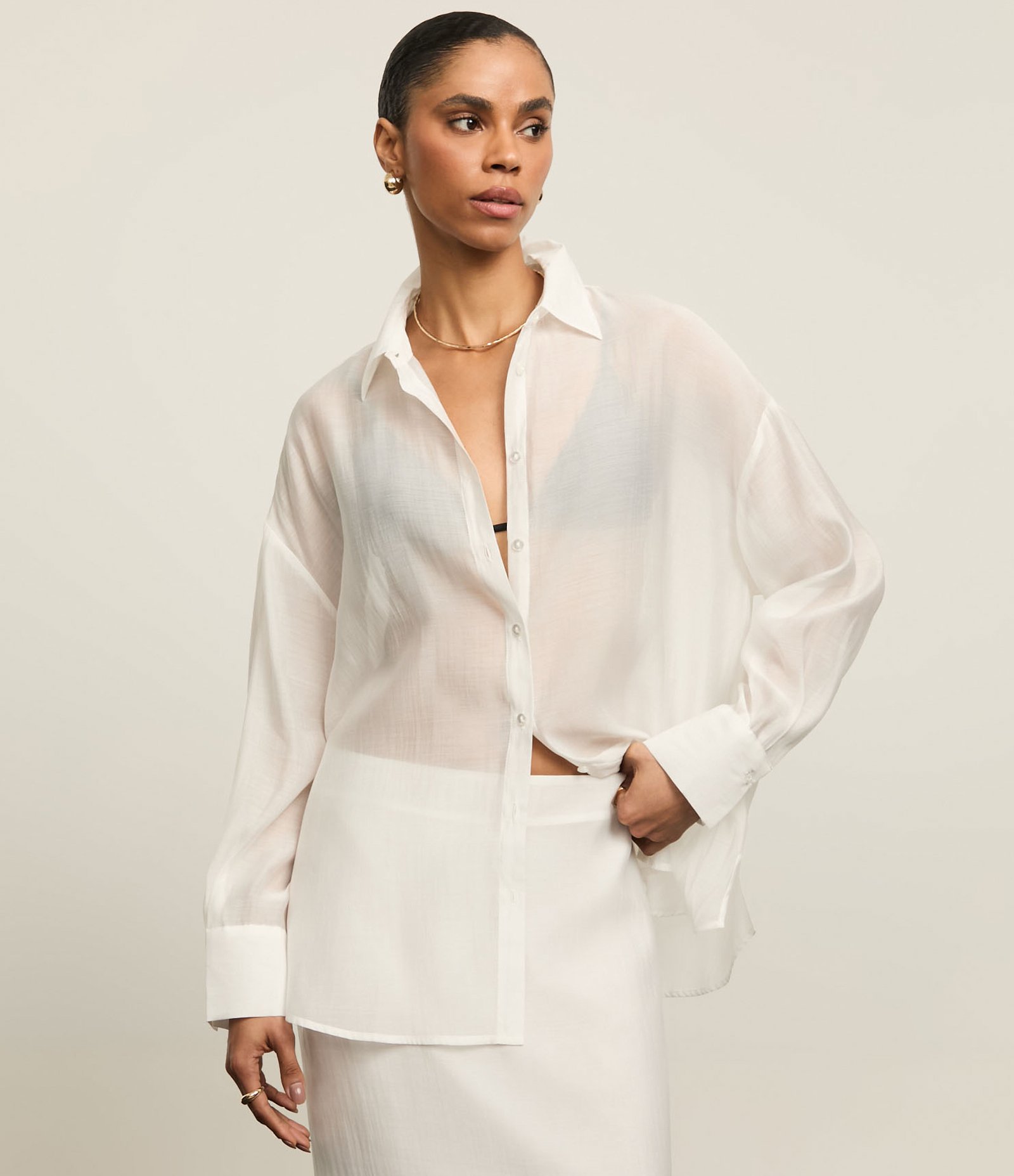 Camisa Oversized em Organza com Transparência Branco 6