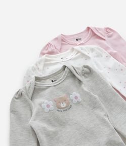 Kit 03 Bodies Infantis com Estampa Urso e Flores - Tam RN a 18 meses