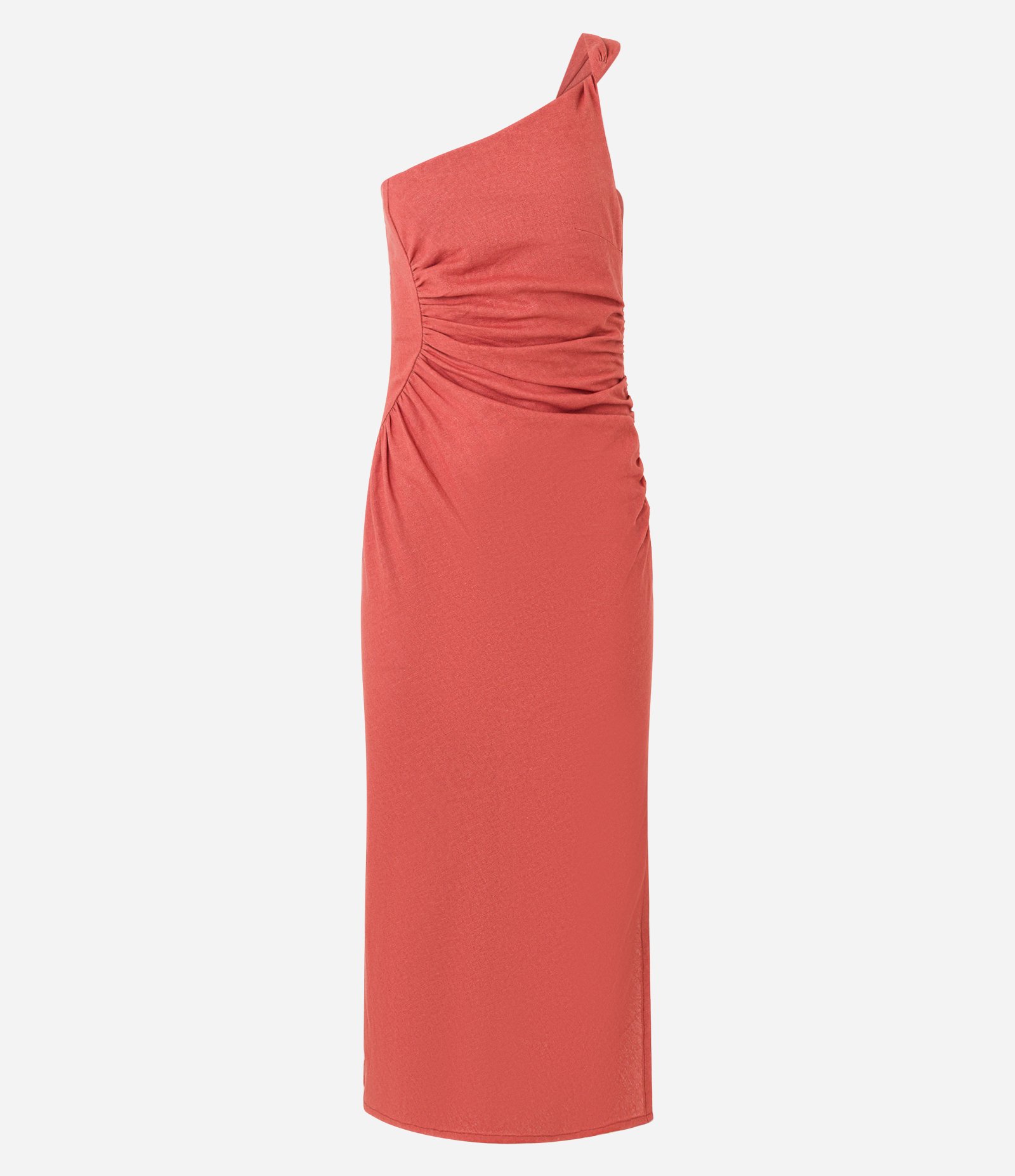 Vestido Long Midi em Viscolinho com Alça Torcida e Franzidos Laranja 6