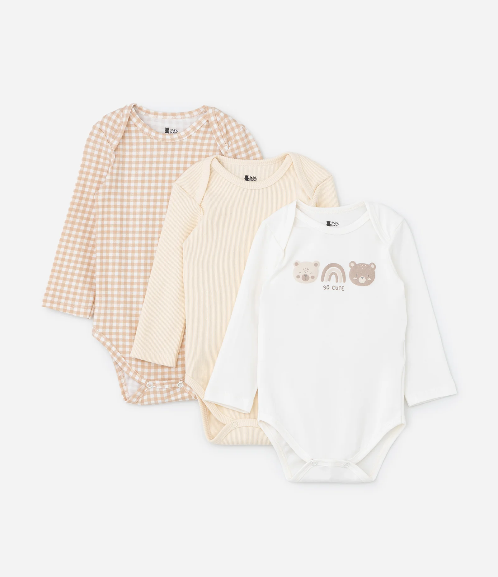 Kit 03 Bodies Infantis com Estampa Xadrez e Bichinhos - Tam RN a 18 meses Bege/Branco 1