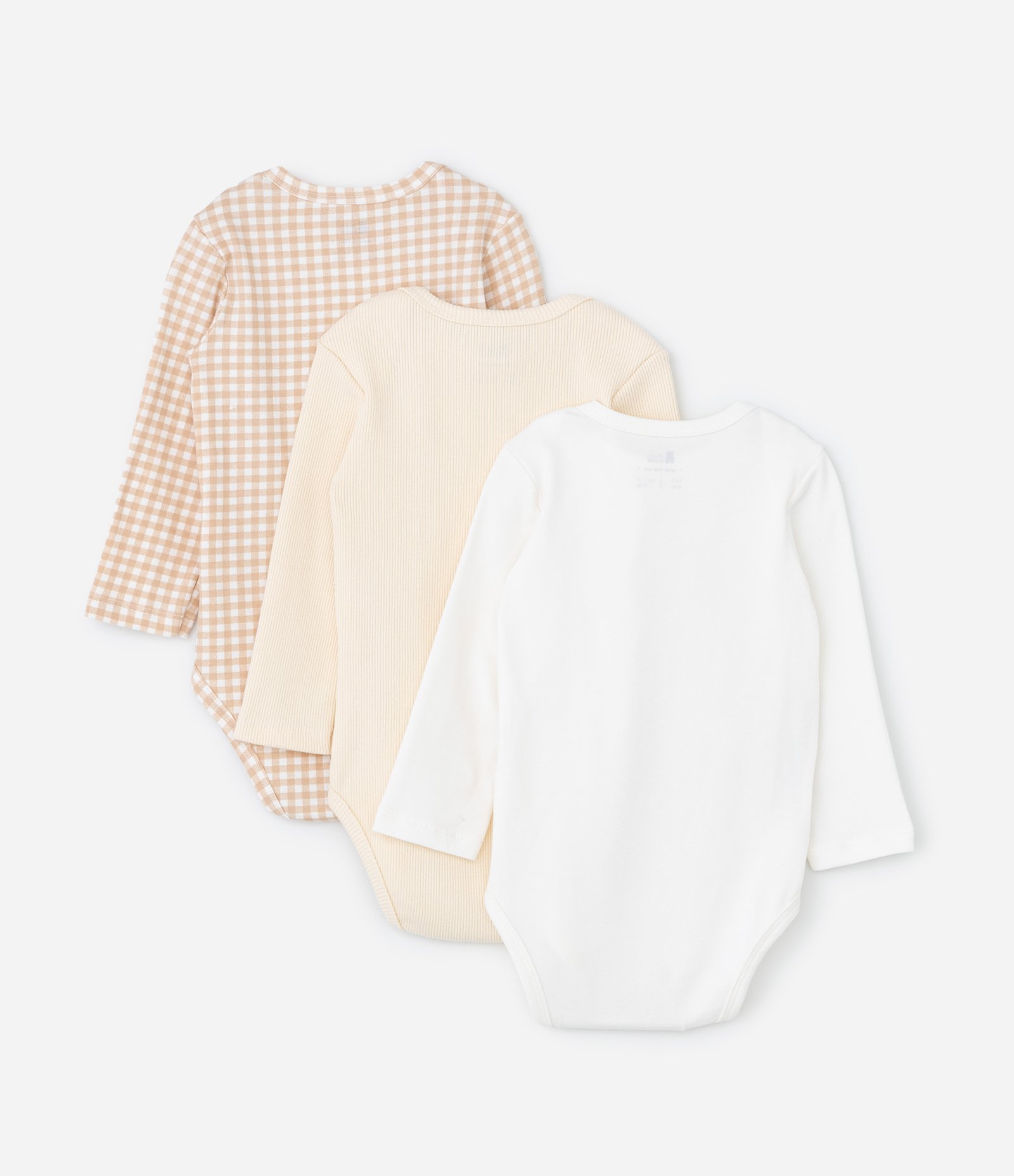 Kit 03 Bodies Infantis com Estampa Xadrez e Bichinhos - Tam RN a 18 meses Bege/Branco 2