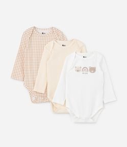 Kit 03 Bodies Infantis com Estampa Xadrez e Bichinhos - Tam RN a 18 meses