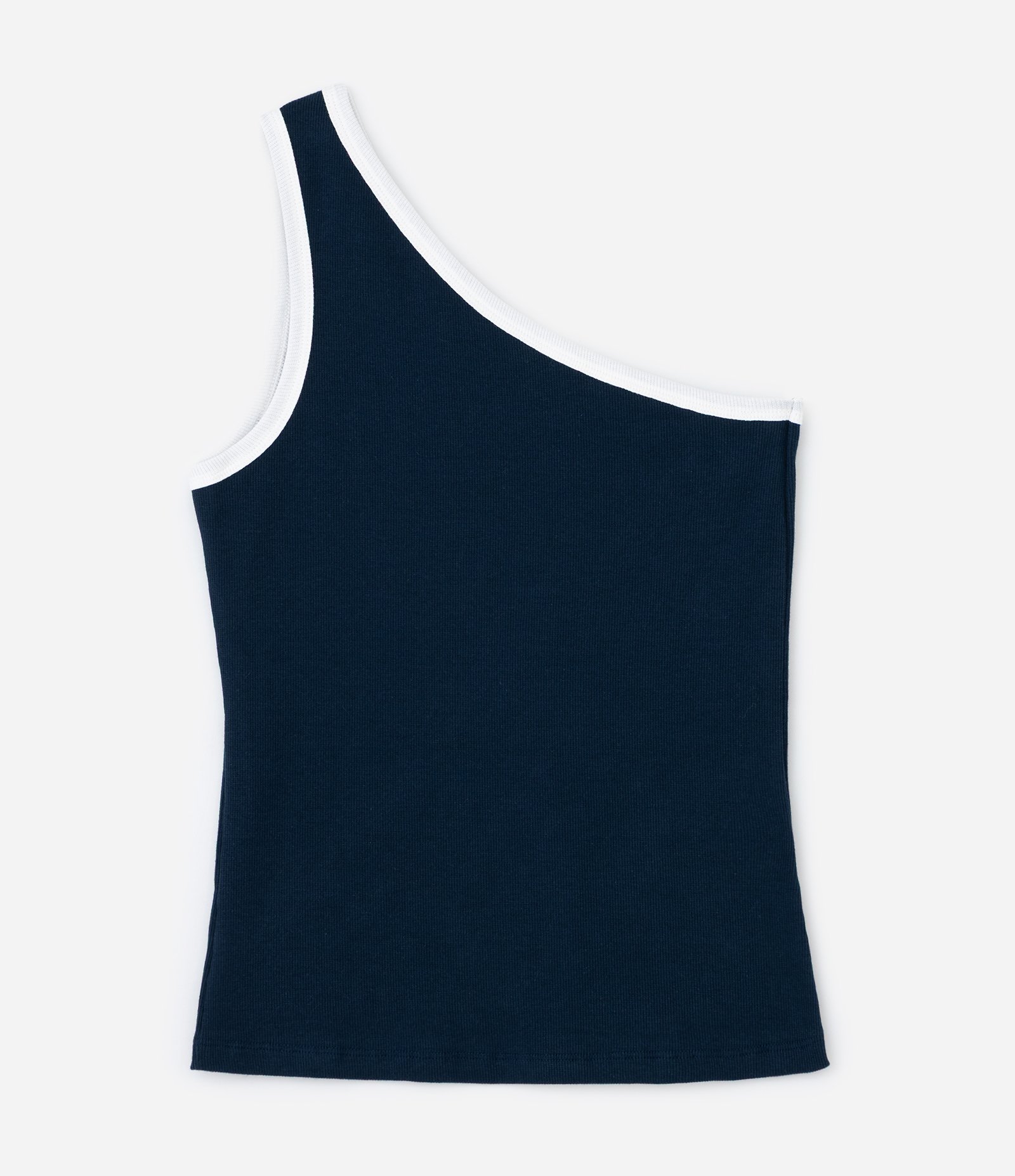 Blusa Ombro Único em Ribana com Viés Contrastante Curve & Plus Size Azul Marinho 5