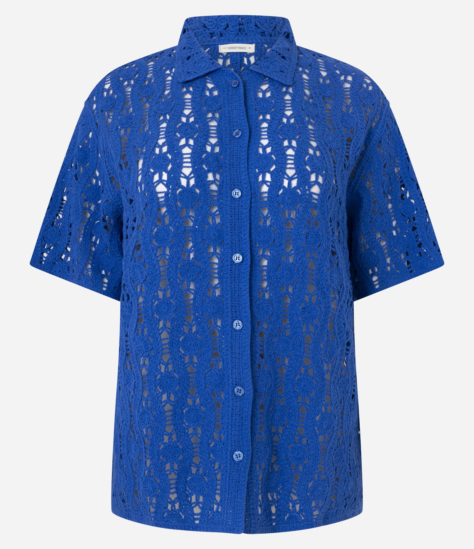 Camisa Alongada em Tricô com Mix de Pontos e Vazados Azul 7