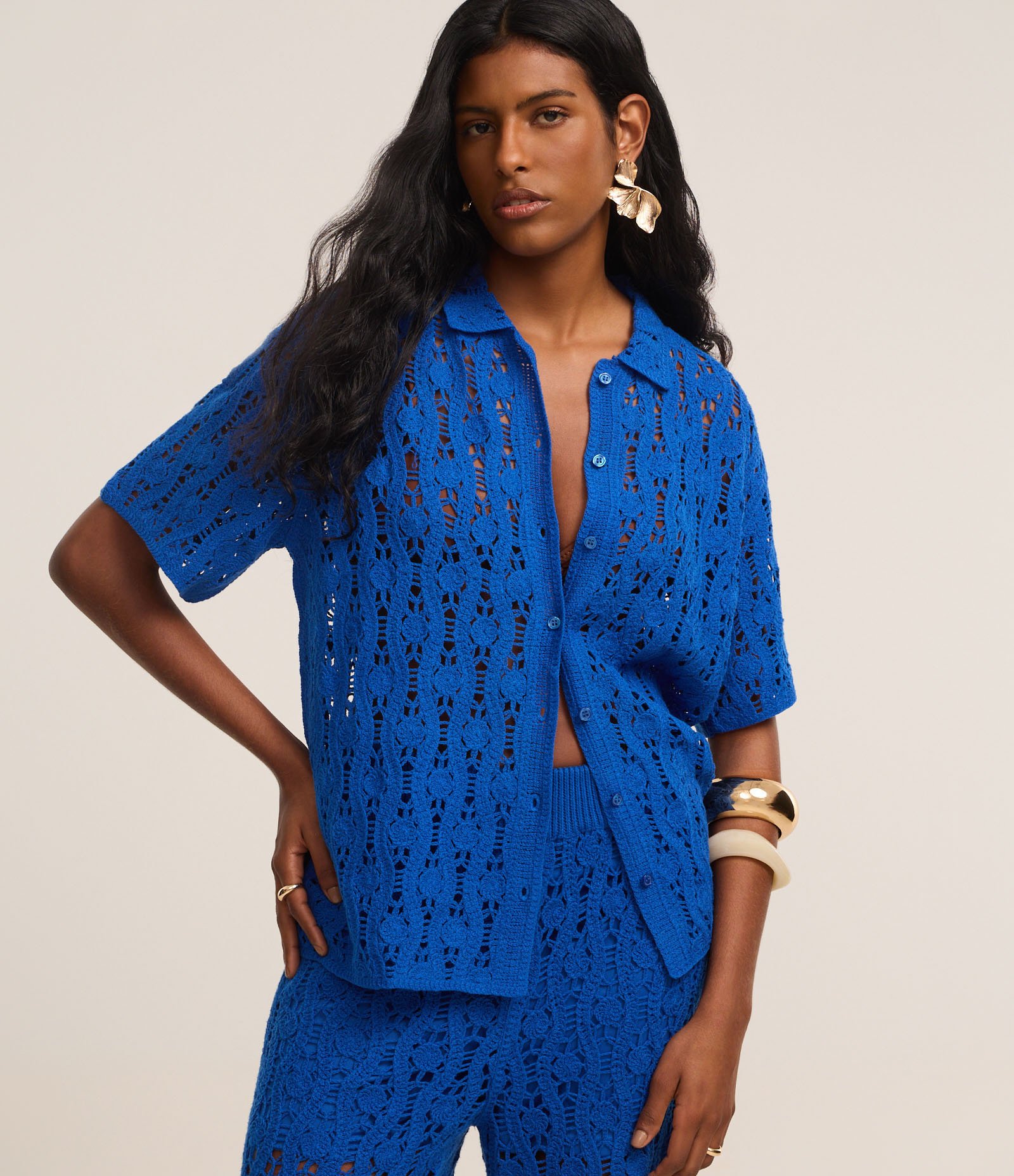 Camisa Alongada em Tricô com Mix de Pontos e Vazados Azul 1