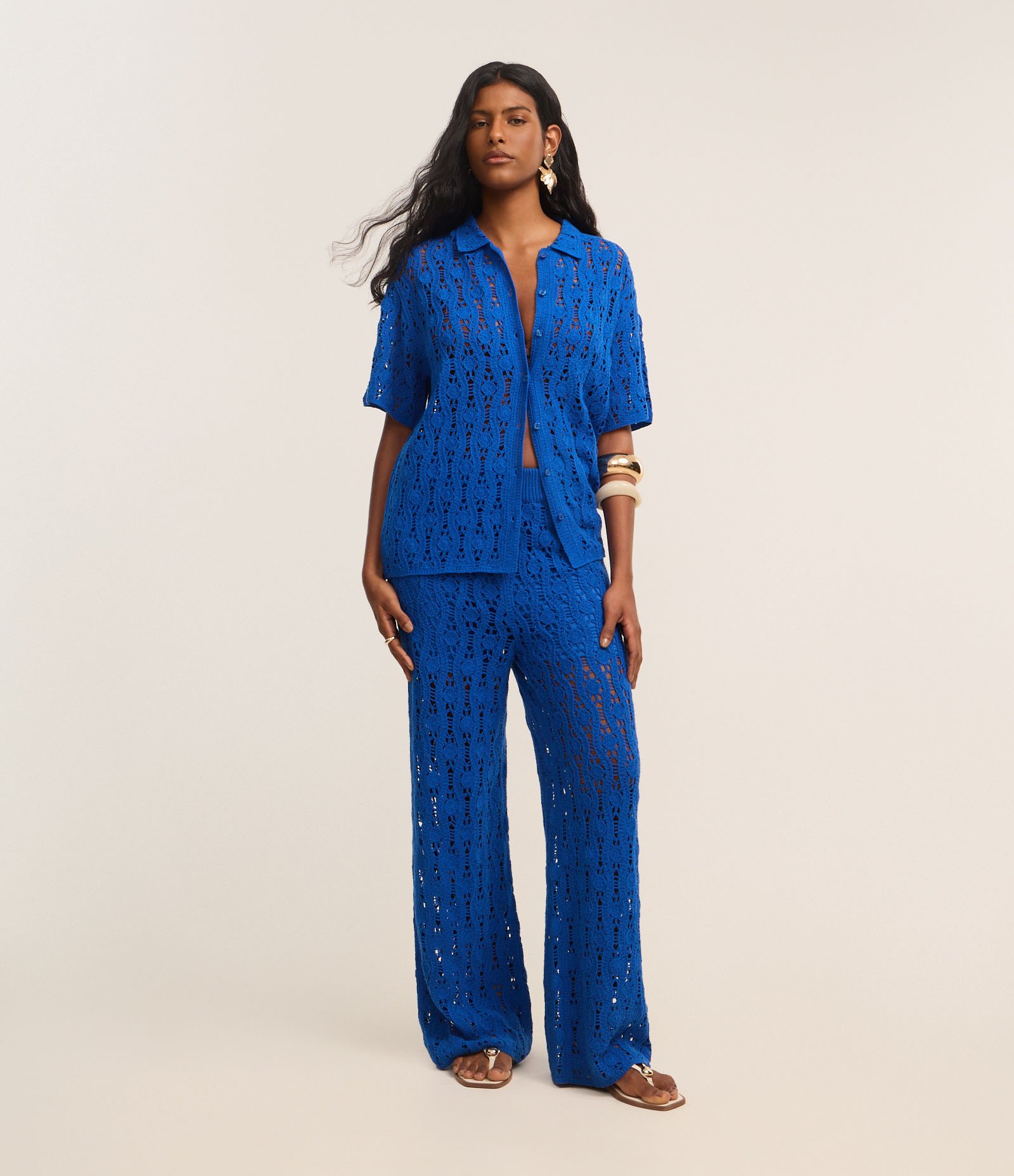 Camisa Alongada em Tricô com Mix de Pontos e Vazados Azul 2