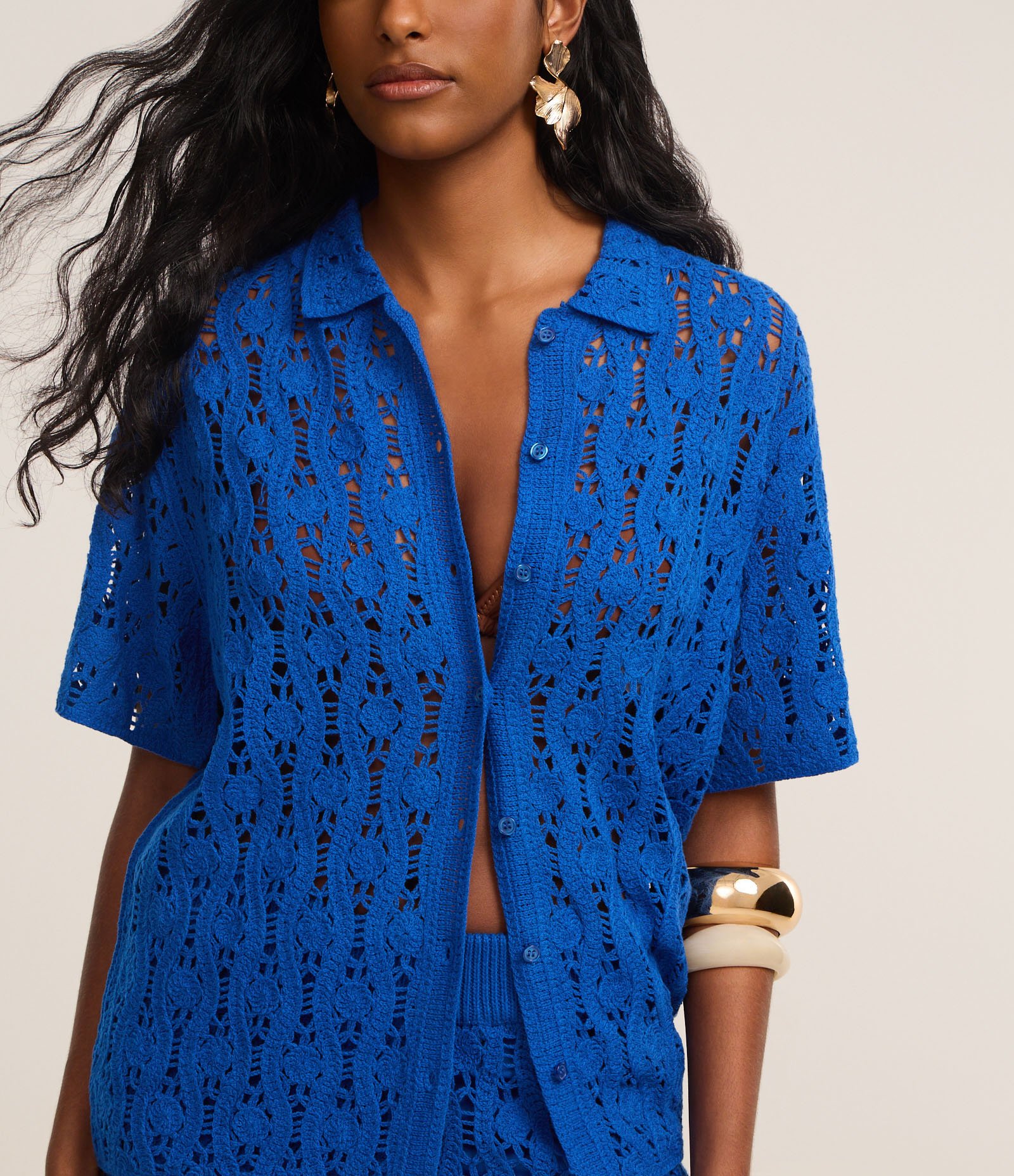 Camisa Alongada em Tricô com Mix de Pontos e Vazados Azul 4