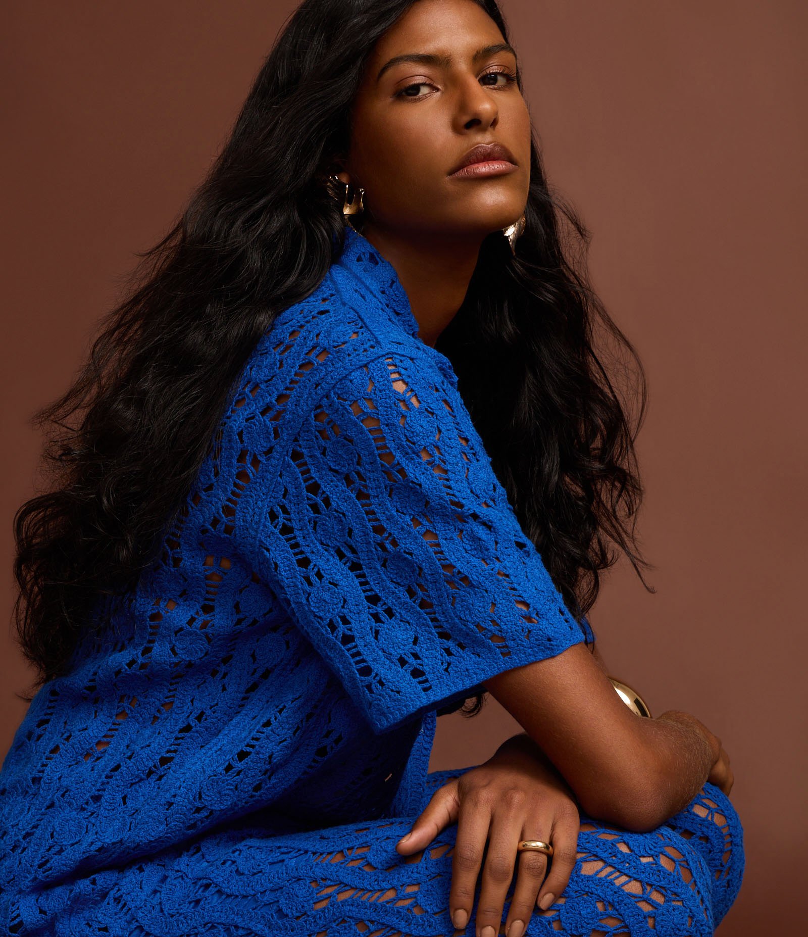 Camisa Alongada em Tricô com Mix de Pontos e Vazados Azul 5