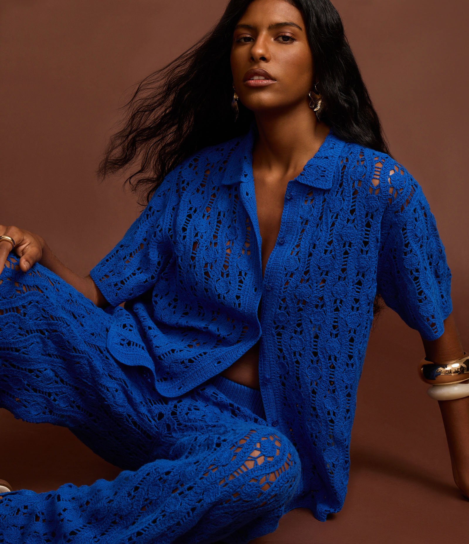 Camisa Alongada em Tricô com Mix de Pontos e Vazados Azul 6