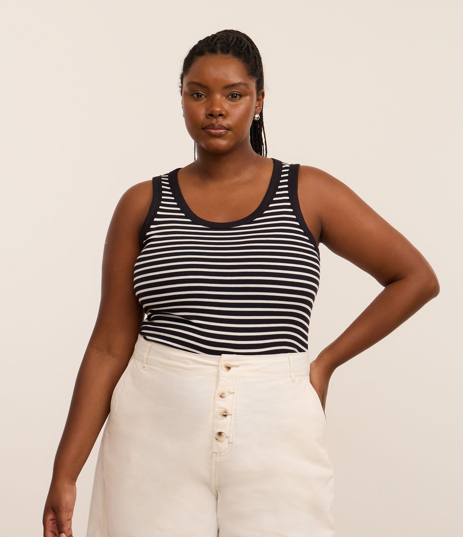 Blusa Regata em Ribana com Listras Curve & Plus Size Preto/Branco 1