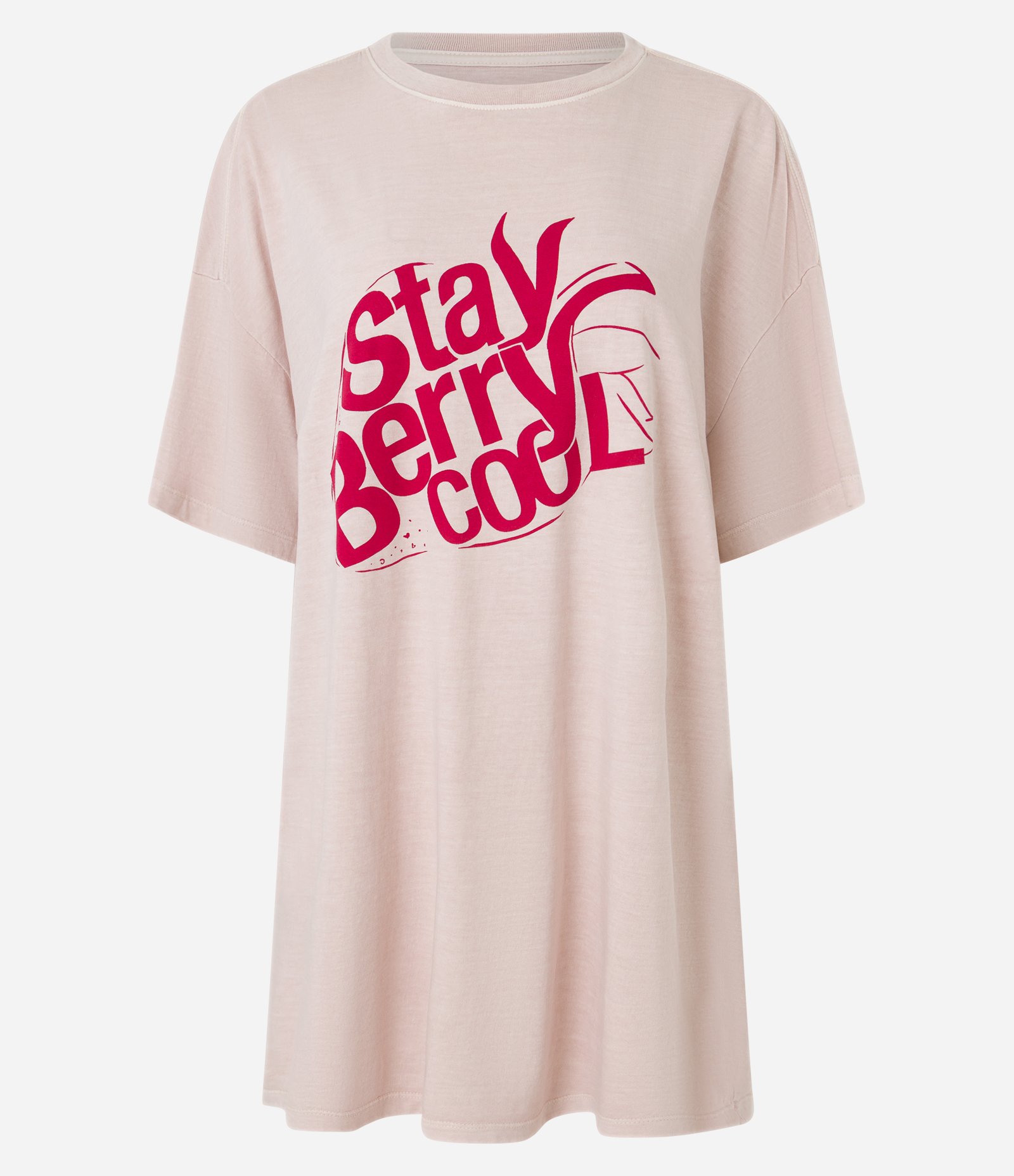 Camisola T-Shirt em Algodão Estonado com Estampa Morango Rosa 3