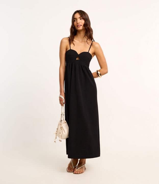 Vestido Long Midi em Crepe com Costura Aparente no Busto