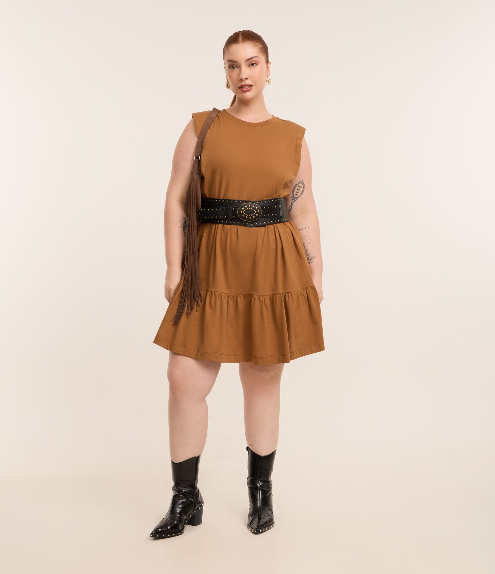Vestido Muscle Tee em Algodão com Babados Curve & Plus Size Marrom 2