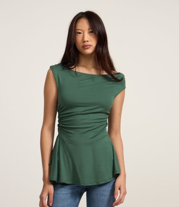 Blusa em Ribana com Ombro Assimétrico e Barra Peplum