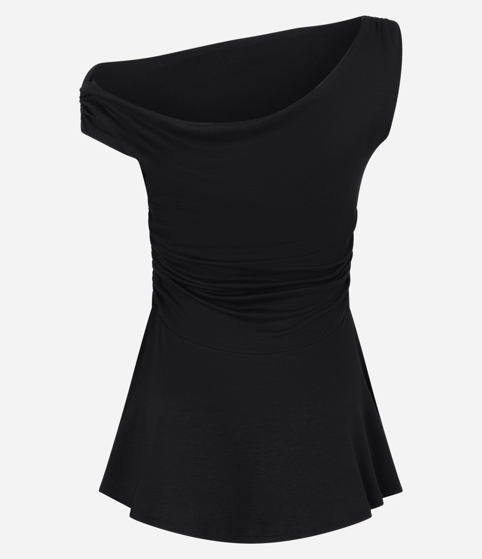 Blusa em Ribana com Ombro Assimétrico e Barra Peplum Preto 7