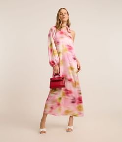 Vestido Longo em Cetim com Ombro Só e Estampa Abstrata