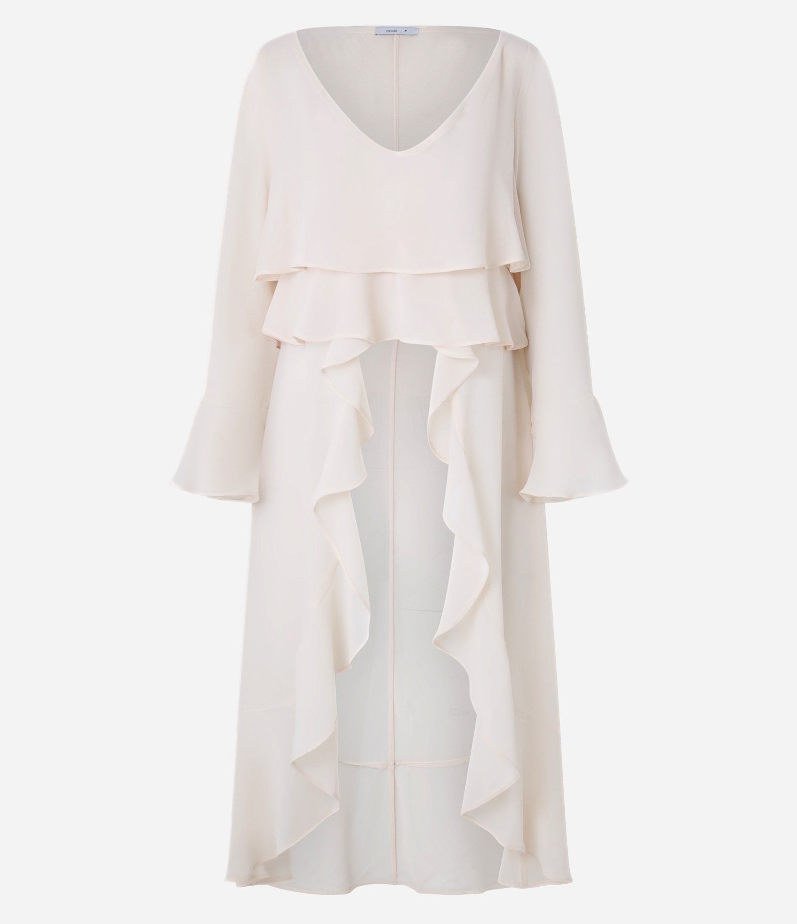 Blusa Bata em Chiffon Alongada com Babados Bege 5