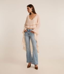 Blusa Bata em Chiffon Alongada com Babados