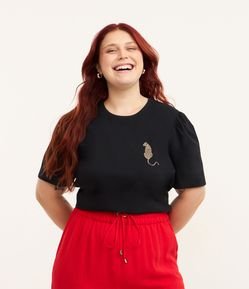 Blusa em Algodão com Manga Bufante e Bordado de Onça Curve & Plus Size