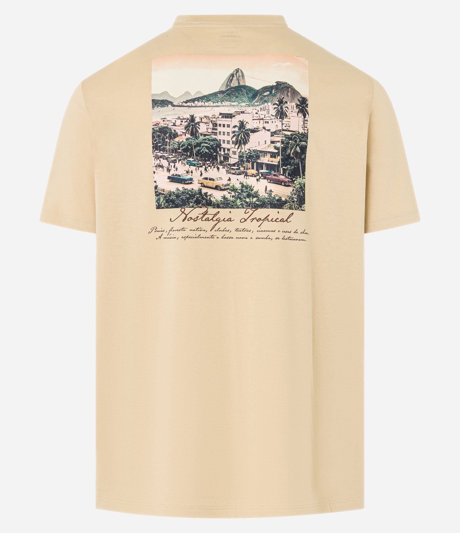 Camiseta Comfort em Algodão com Estampa Lettering Nostalgia Tropical Bege 7