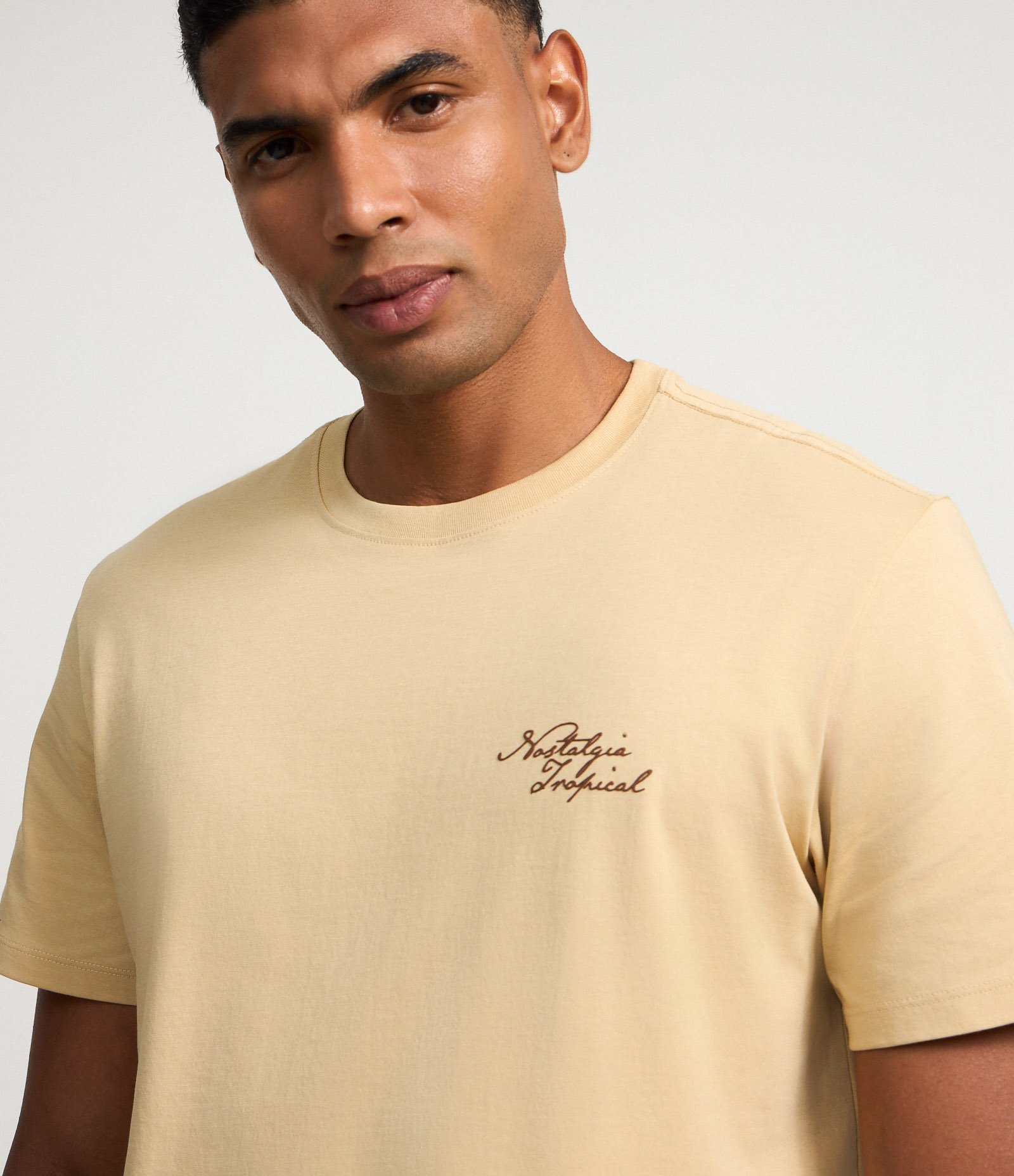 Camiseta Comfort em Algodão com Estampa Lettering Nostalgia Tropical Bege 5