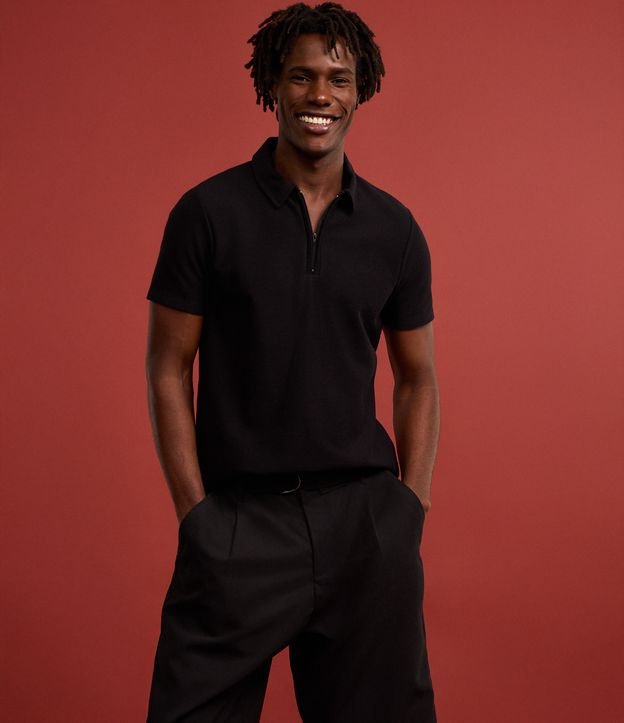 Camisa Polo Slim com Zíper na gola e Texturizada