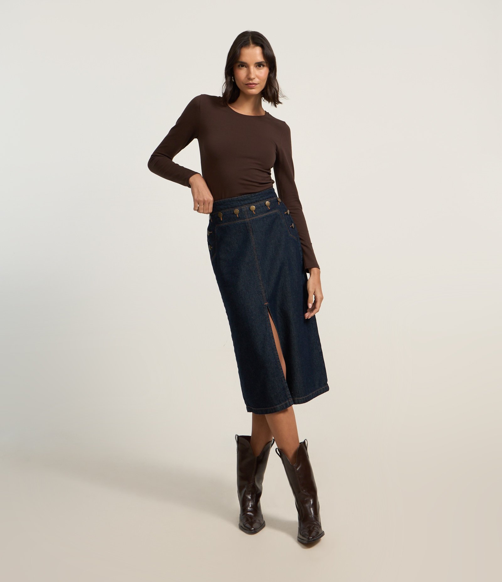 Saia Midi em Jeans com Fenda e Botões no Cós Azul 1