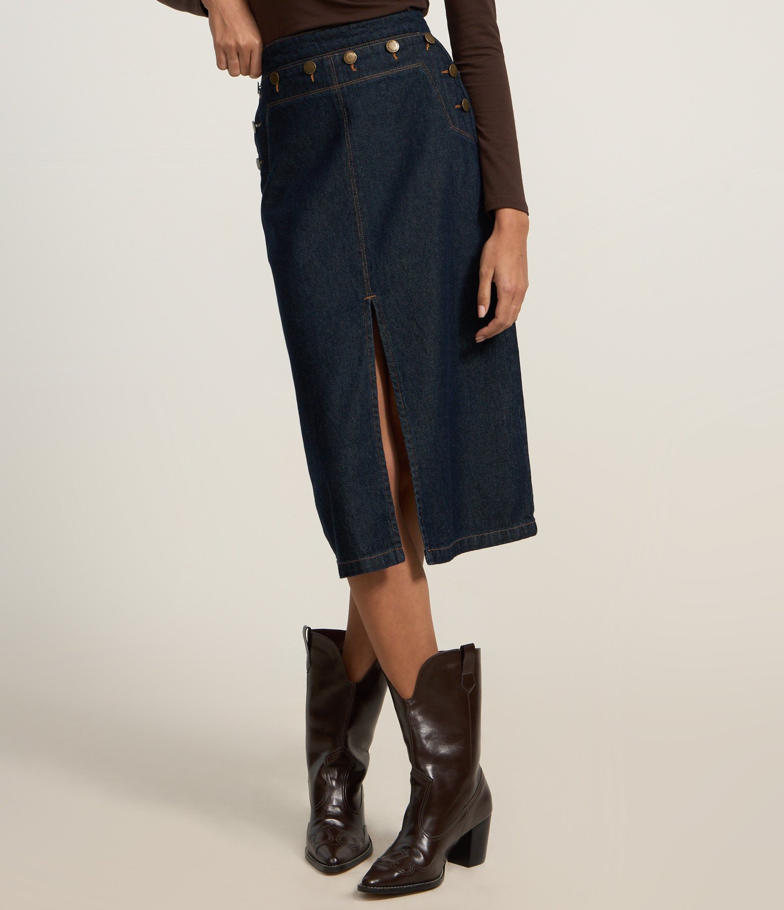 Saia Midi em Jeans com Fenda e Botões no Cós Azul 3