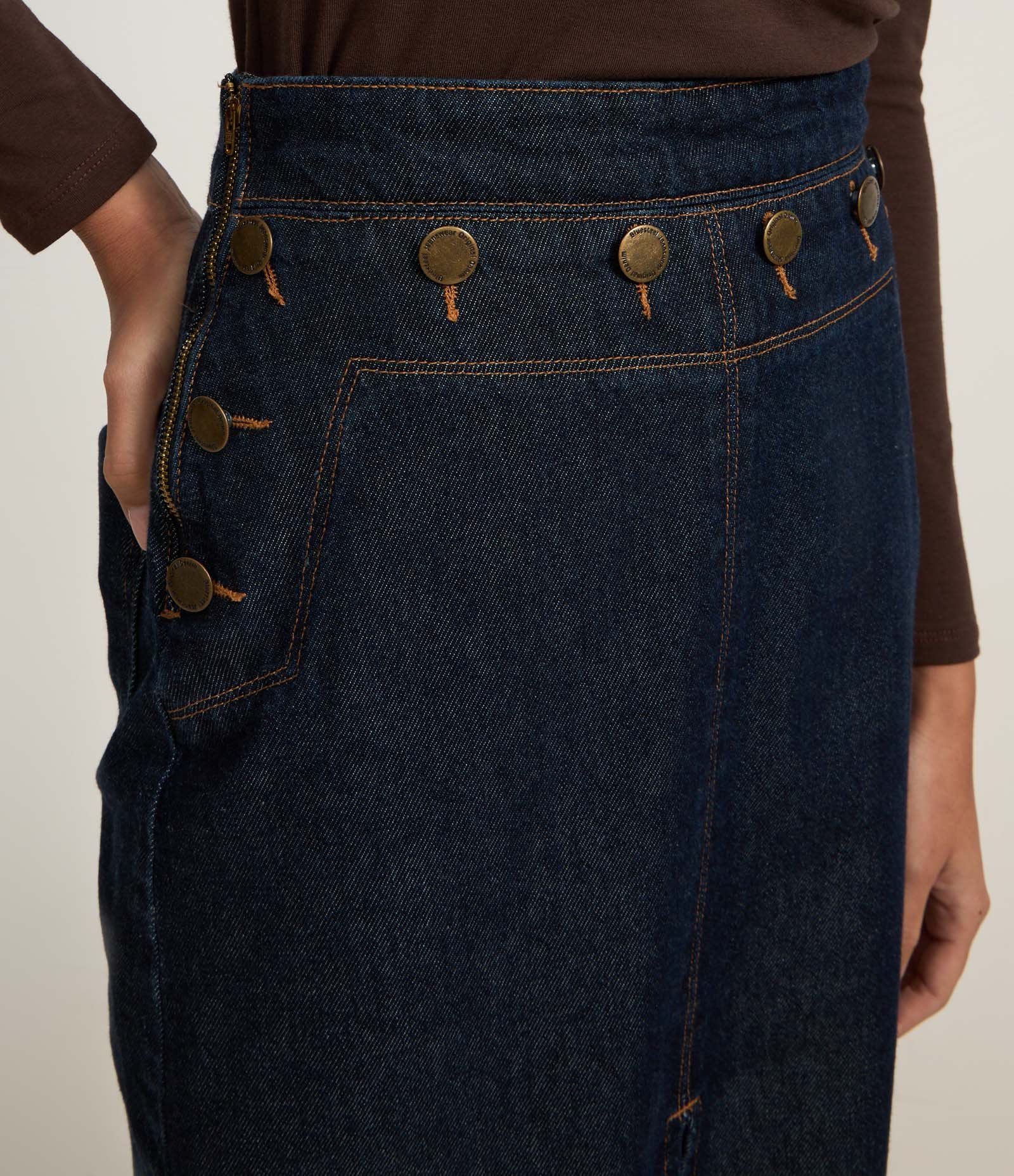 Saia Midi em Jeans com Fenda e Botões no Cós Azul 4