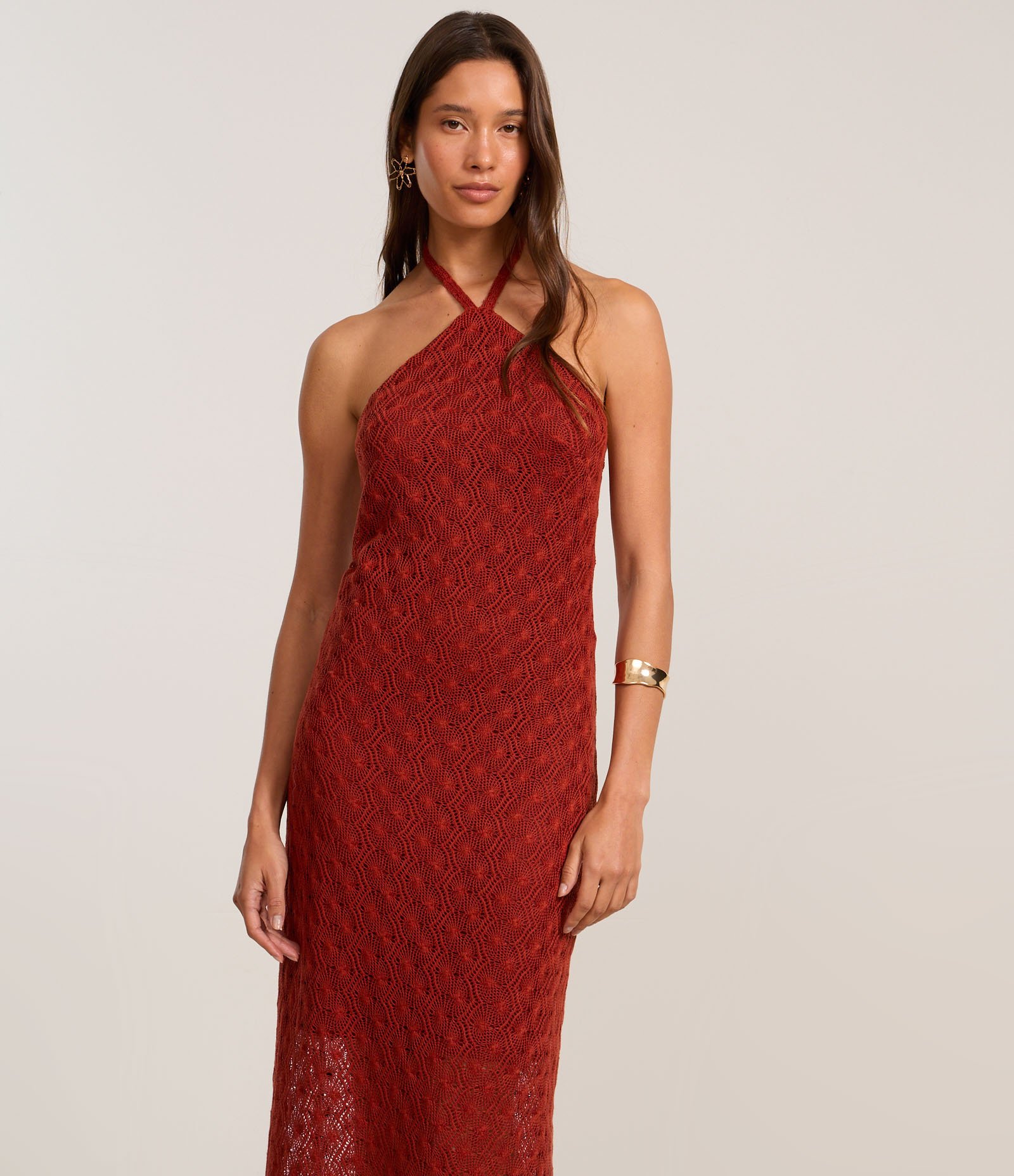 Vestido Reto Long Midi em Renda Frente Única Vermelho 2